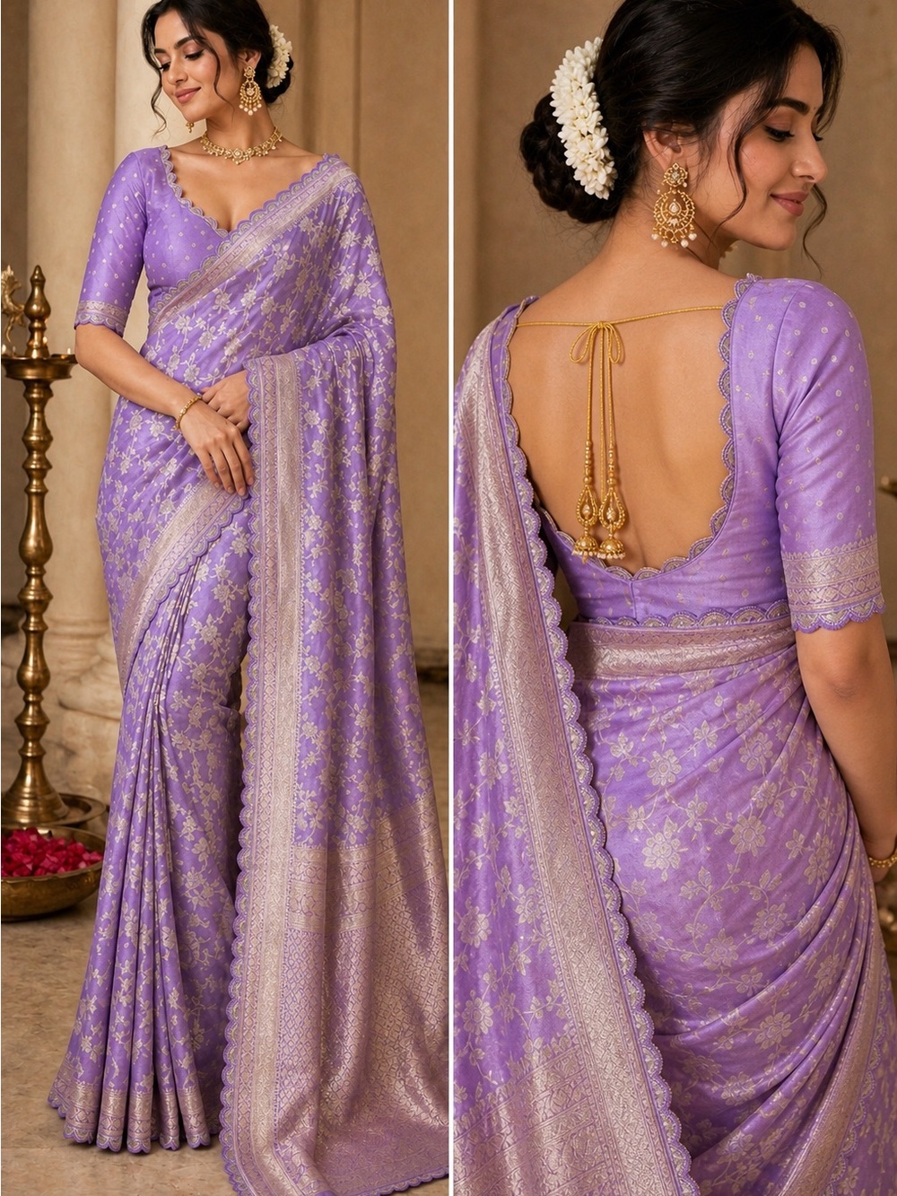 Handloom Pure Khadi Banarsi Silk Lavender Floral Banarasi Saree with Gold Zari